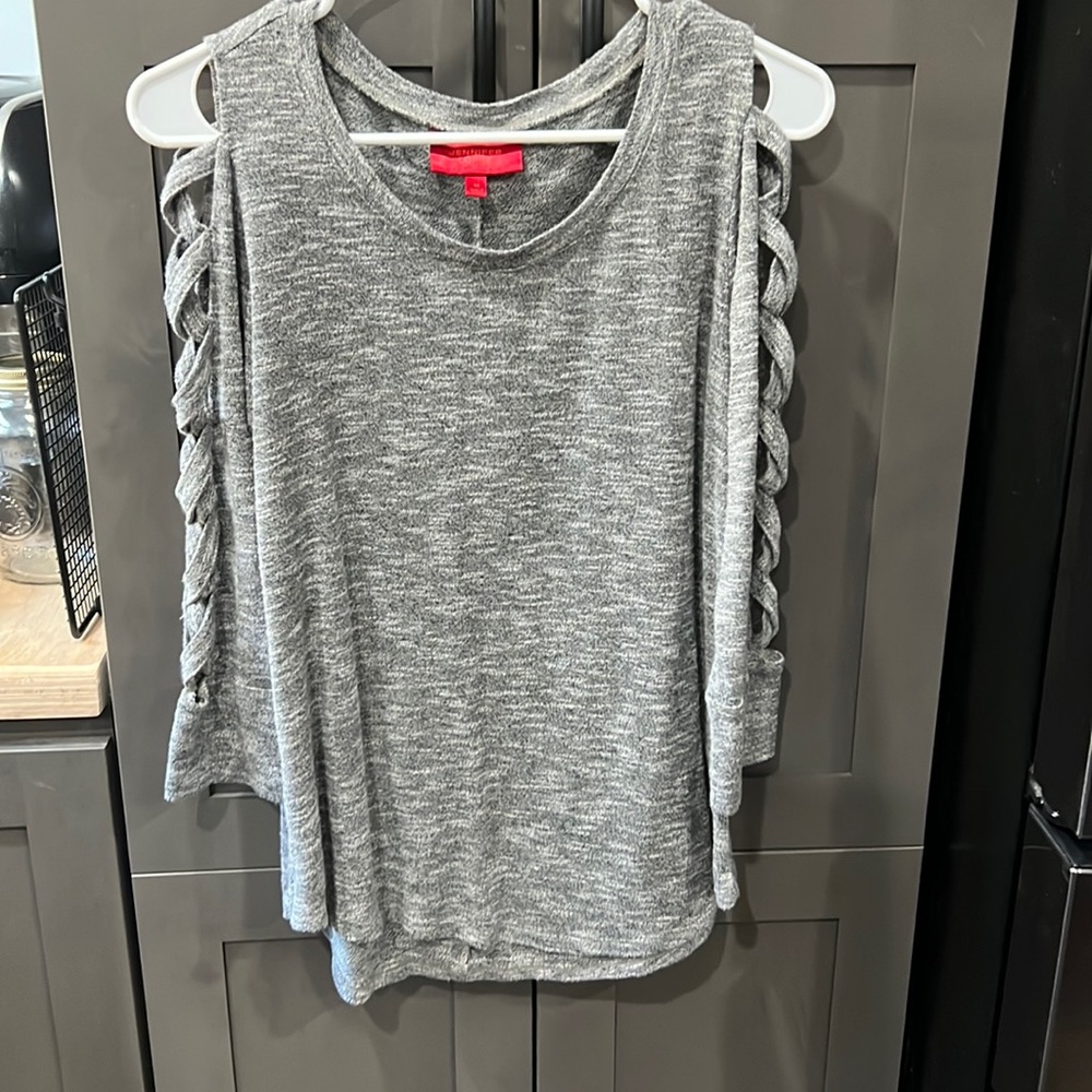 Gray, Jennifer Lopez sweater with crisscross on the sleeves